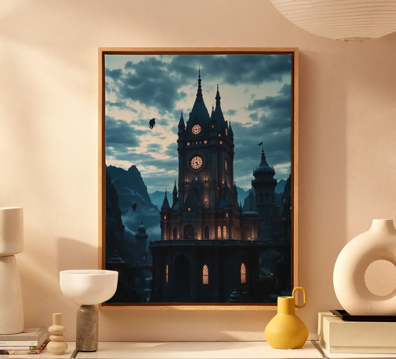 Fantasy surreal castle photo with astronauts levitating in t canvas met Baklijst van heaventrain