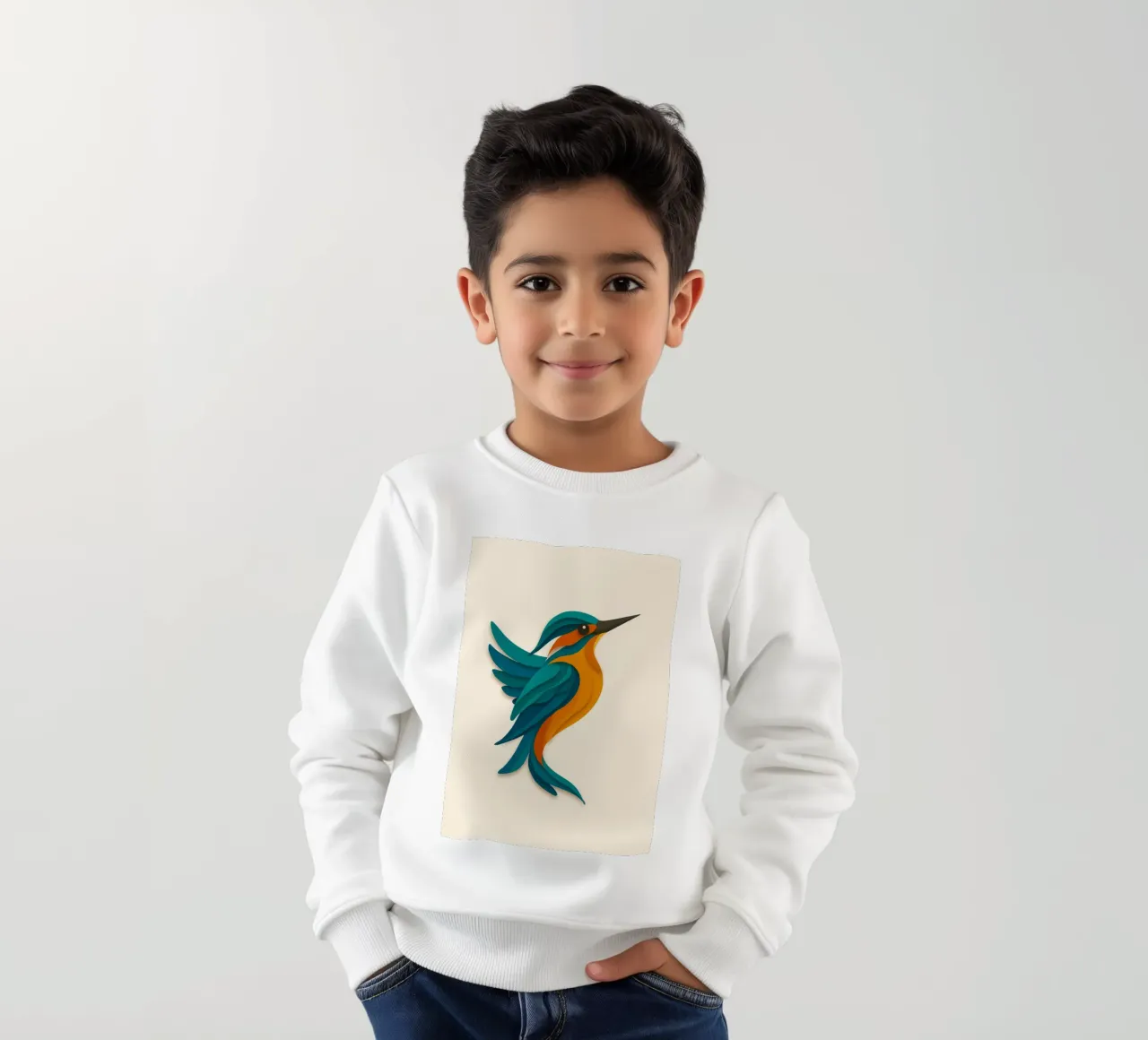 Stylised kingfisher - elegant shape in blue-orange kids sweatshirt by namosh