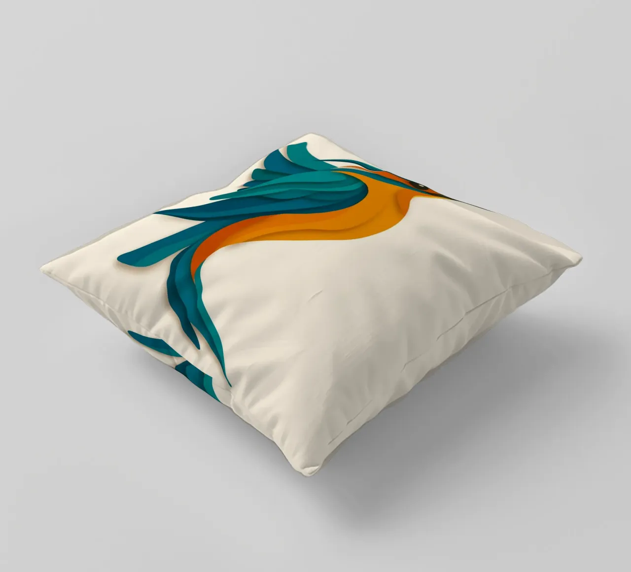 Stylised kingfisher - elegant shape in blue-orange decorative cushion by namosh