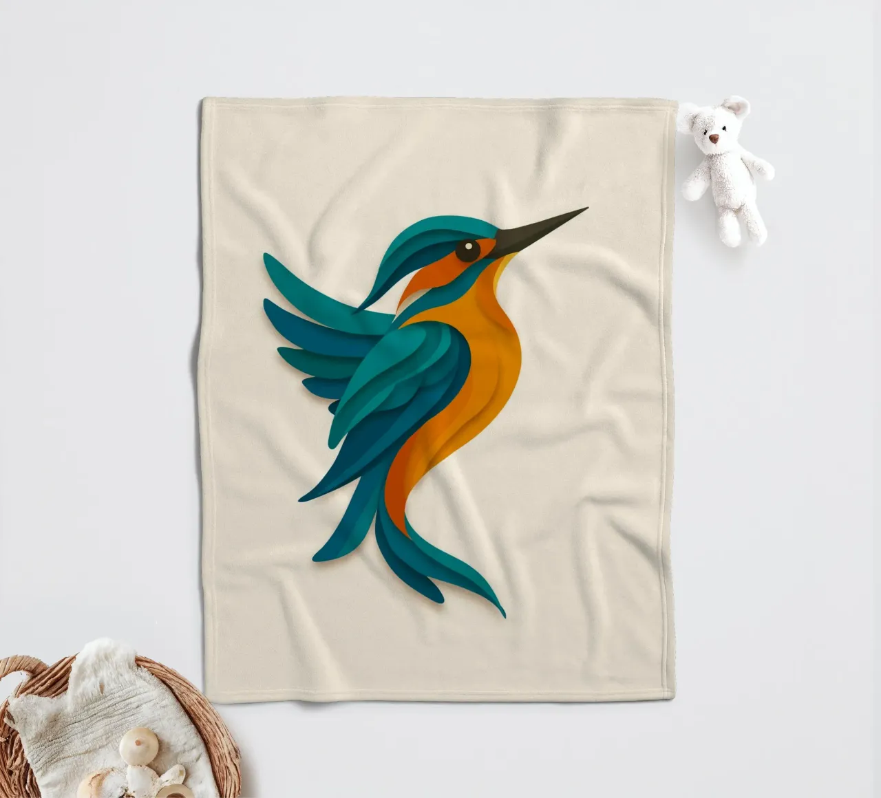 Stylised kingfisher - elegant shape in blue-orange fleece blanket by namosh