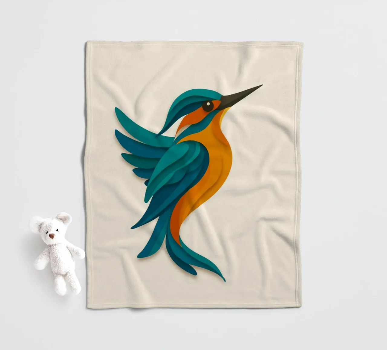 Stylised kingfisher - elegant shape in blue-orange fleece blanket by namosh