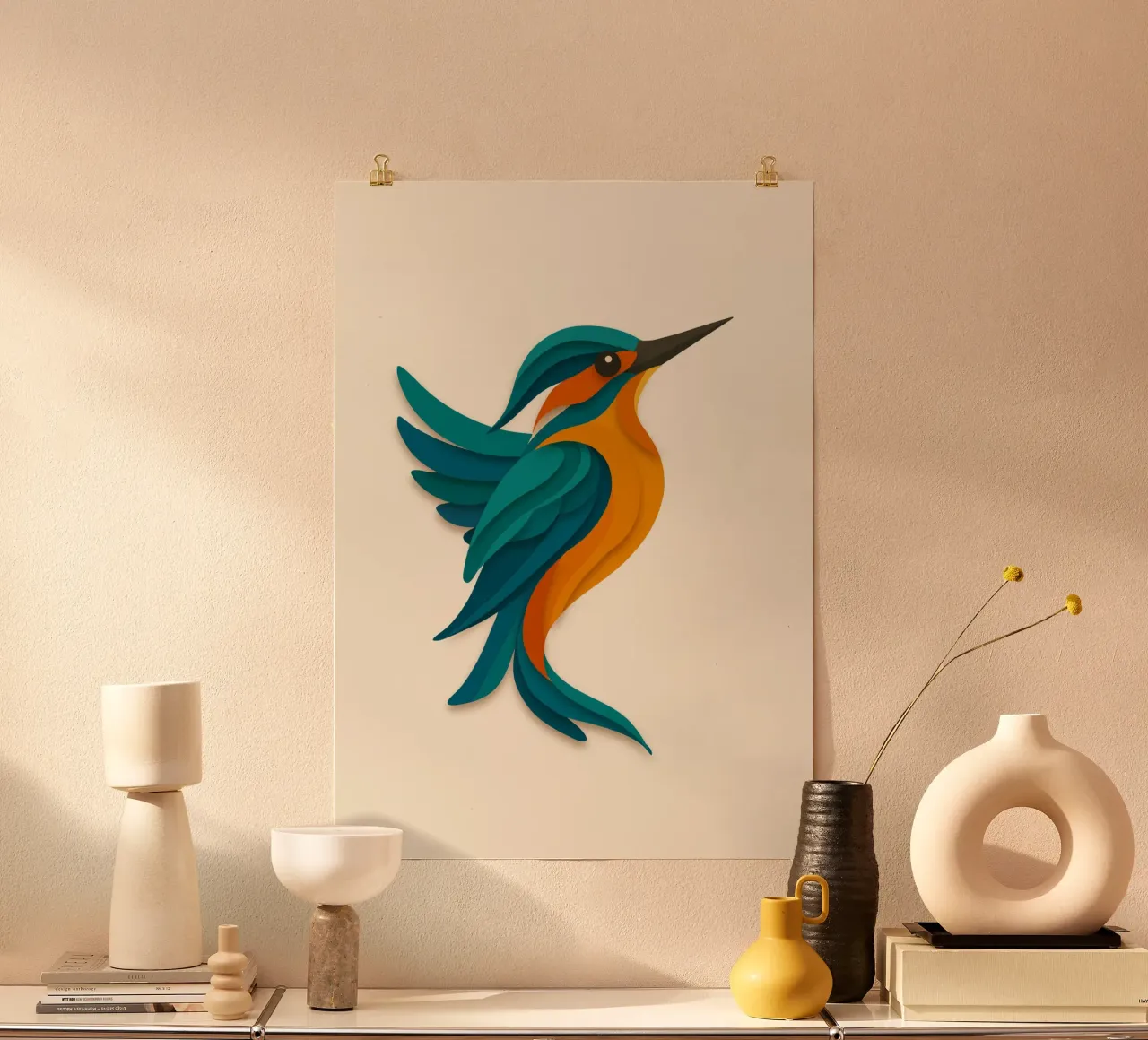 Stylised kingfisher - elegant shape in blue-orange hahnemühle by namosh