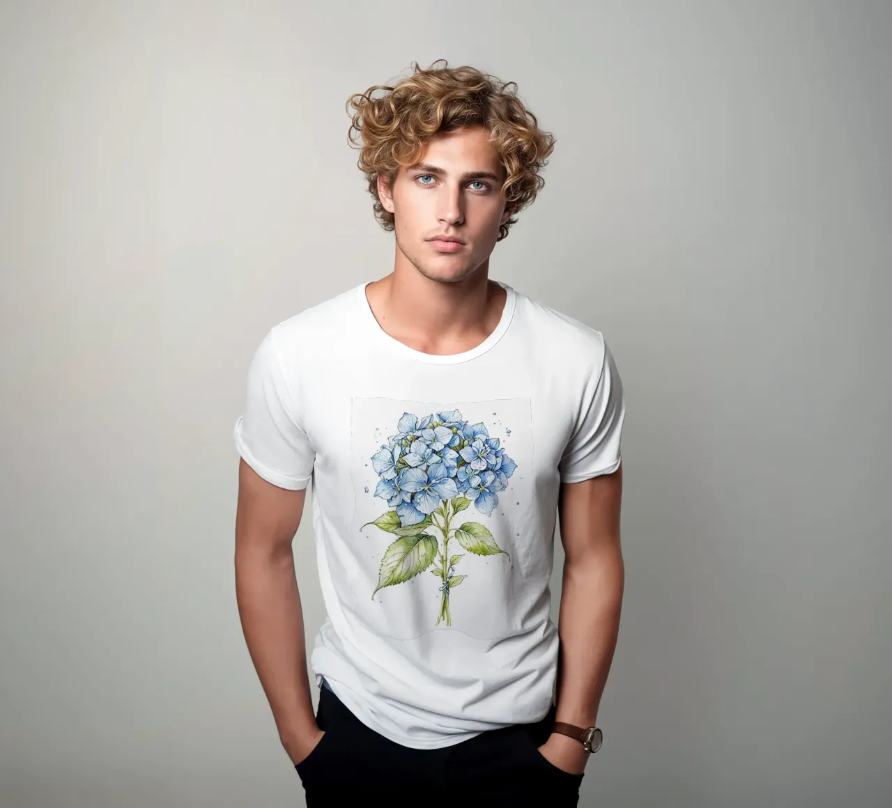Blue colored pencil hydrangeas print t-shirt da heaventrain