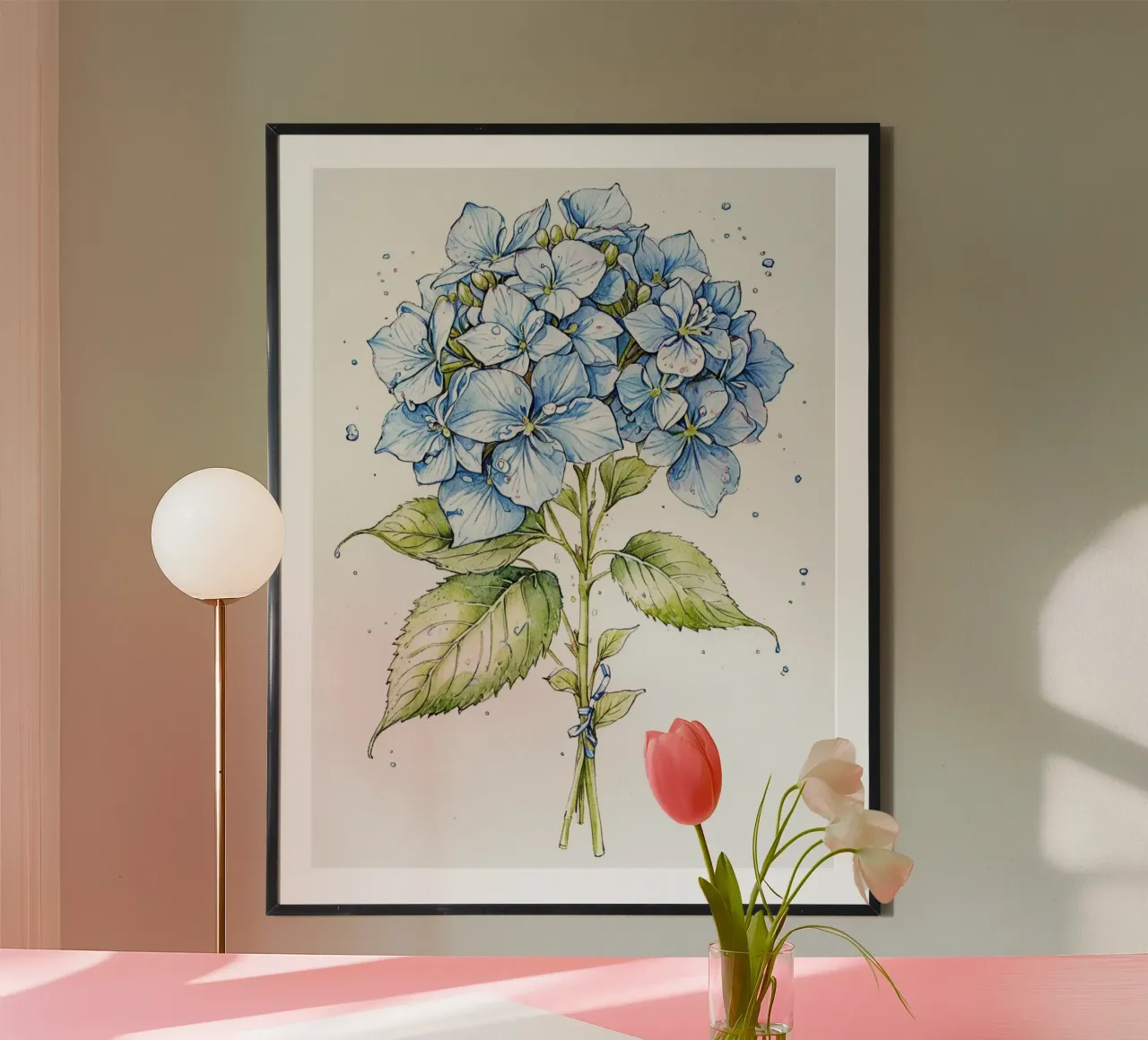 Blue colored pencil hydrangeas print carta hahnemühle da heaventrain