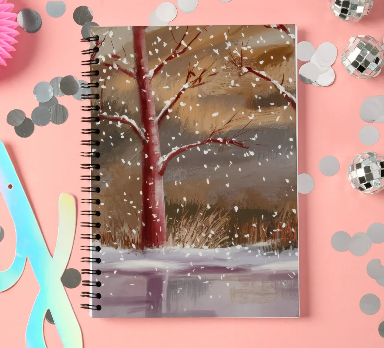 Scarlet Snowfall Lines spiral notebook by Solestice Strokes