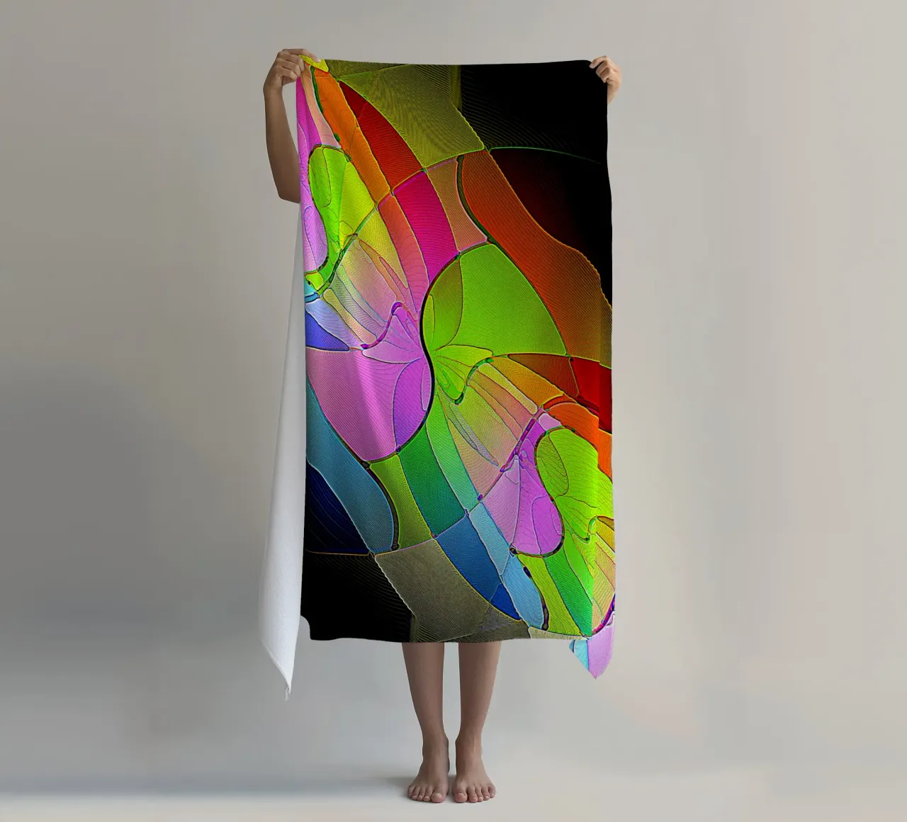 Illusion of colourful glowing shapes across the dark room beach towel by Gürsel Yesil Digital Art