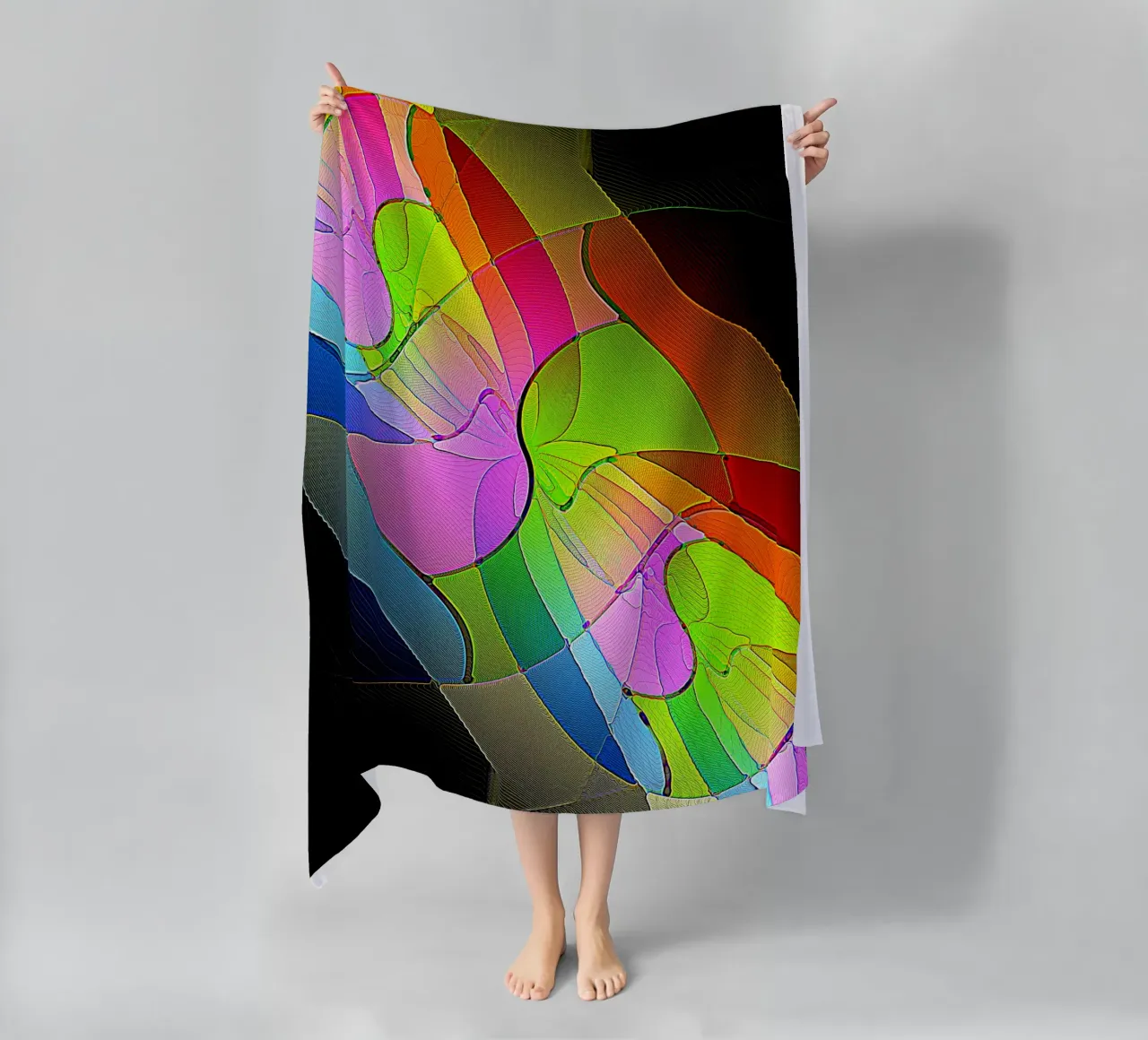 Illusione di forme luminose e colorate in una stanza buia telo mare da Gürsel Yesil Digital Art