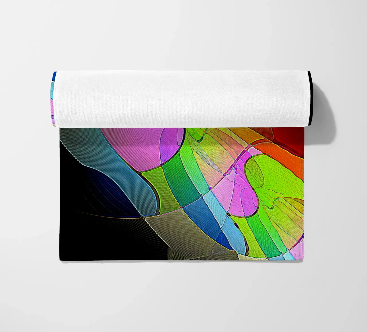 Illusion of colourful glowing shapes across the dark room beach towel by Gürsel Yesil Digital Art