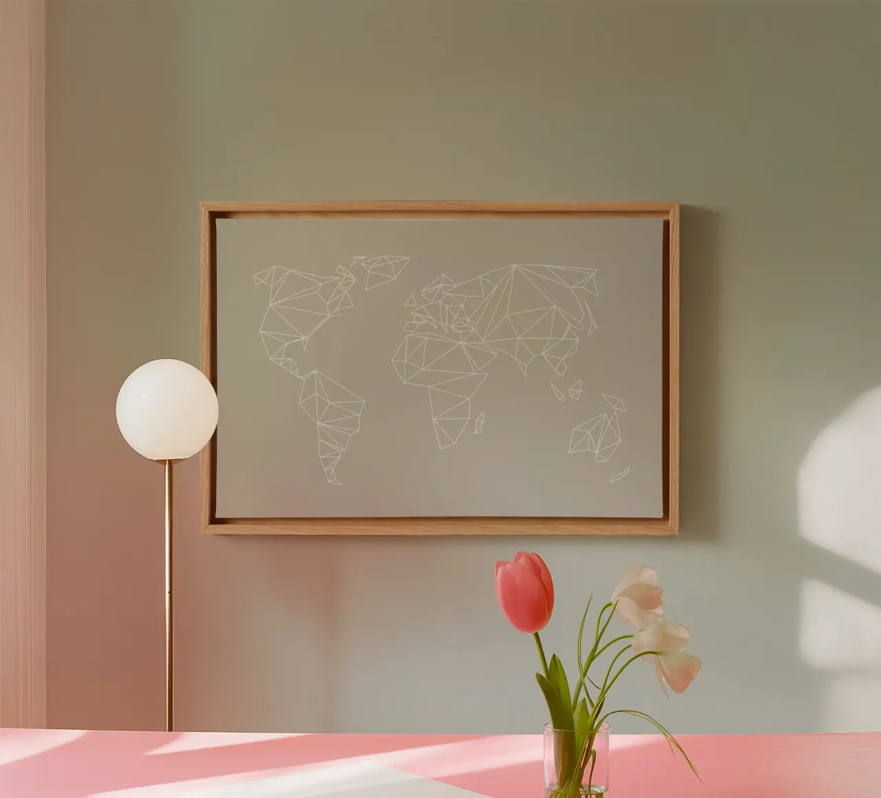 Geometrical World Map Beige Greige Creme tela con Cornice a cassetta da Studio Nahili