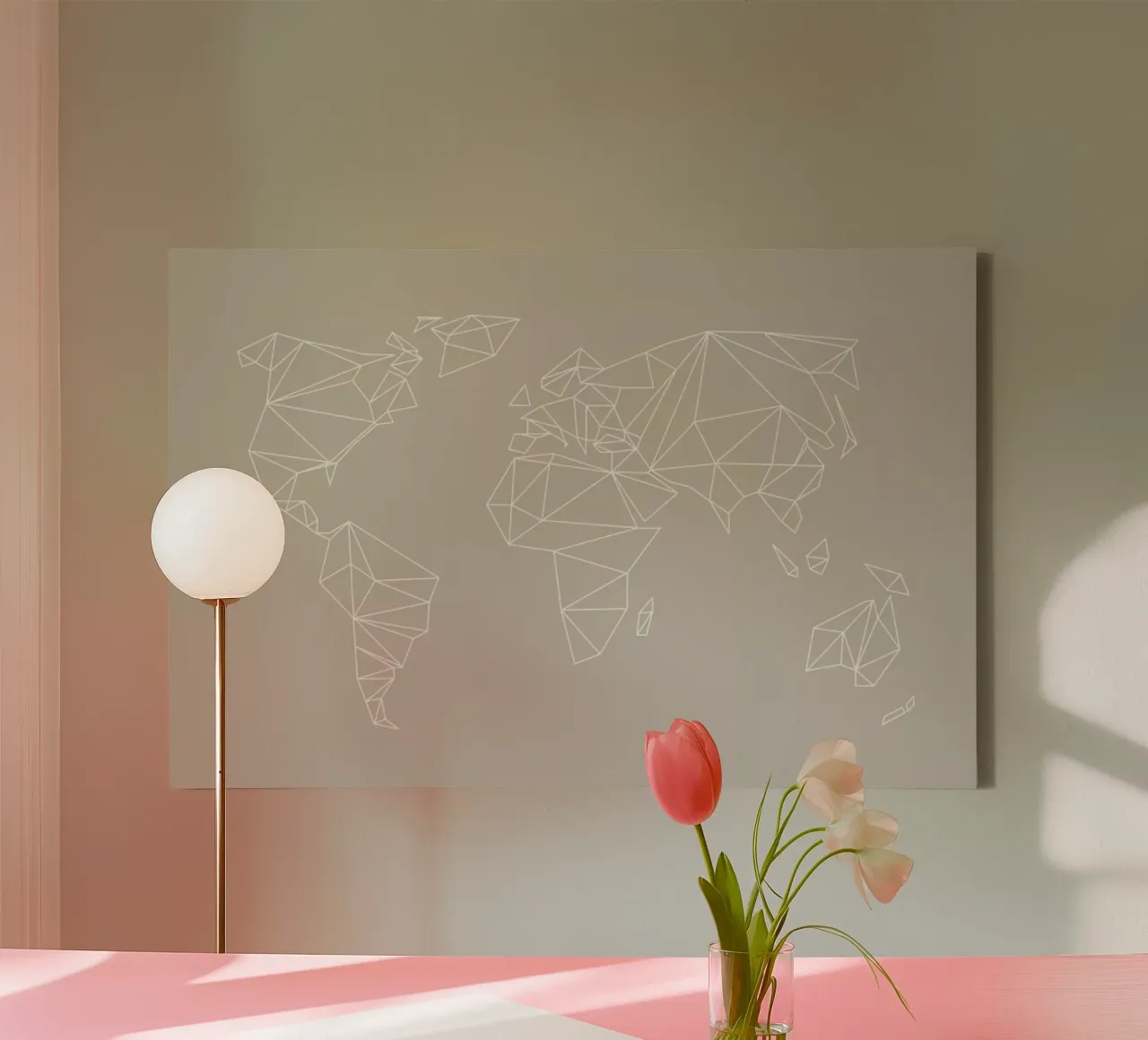 Geometrical World Map Beige Greige Creme tela con Cornice a cassetta da Studio Nahili
