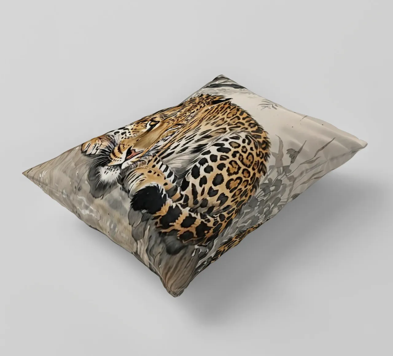 Leopard sleeping on branch log chinese ink watercolor cuscino da heaventrain