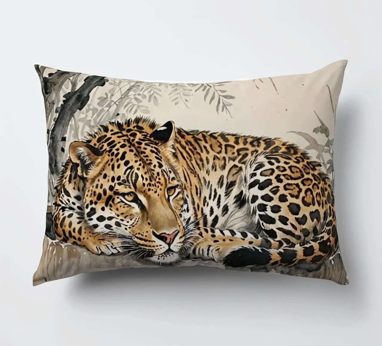 Leopard sleeping on branch log chinese ink watercolor cuscino da heaventrain