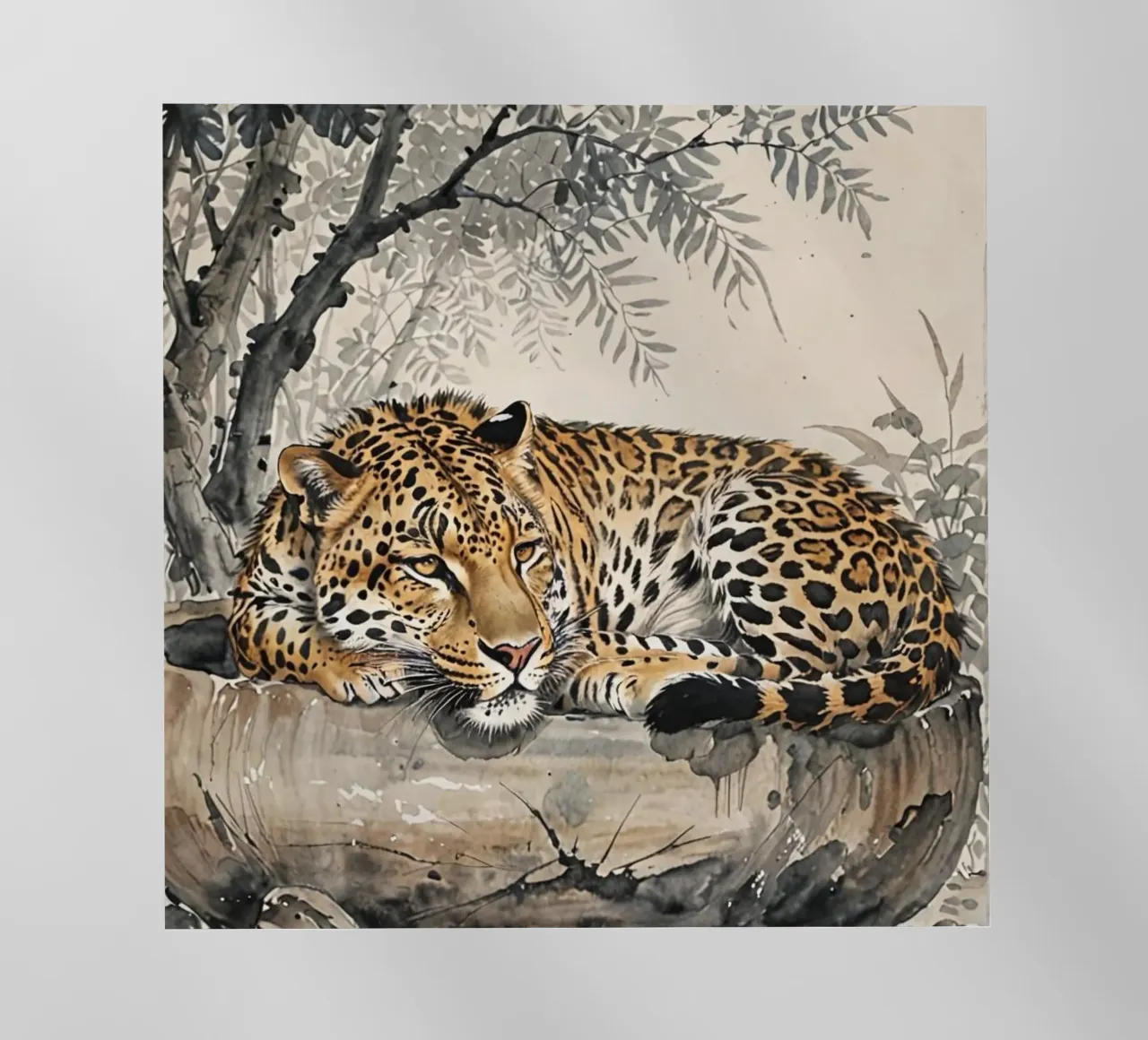 Leopard sleeping on branch log chinese ink watercolor pellicola backlit da heaventrain