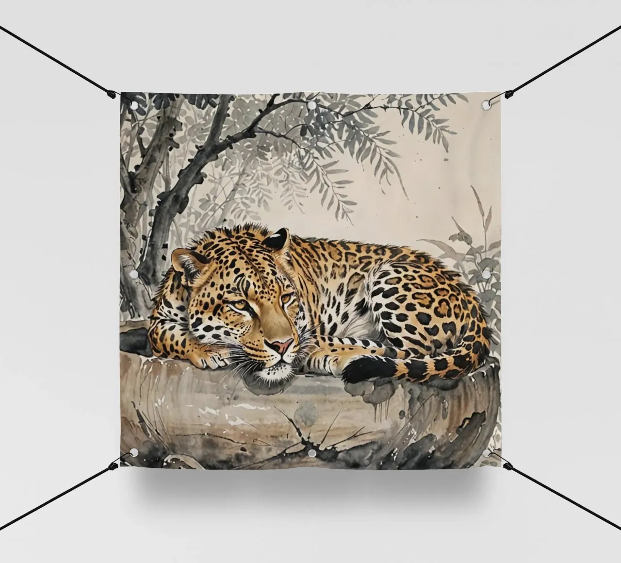Leopard sleeping on branch log chinese ink watercolor telo in pvc da heaventrain
