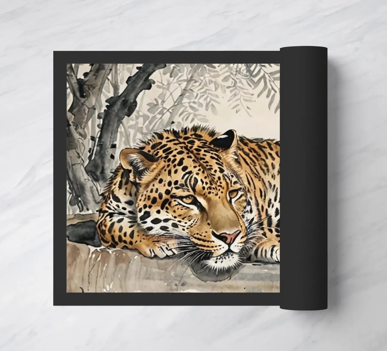 Leopard sleeping on branch log chinese ink watercolor zerbino da heaventrain