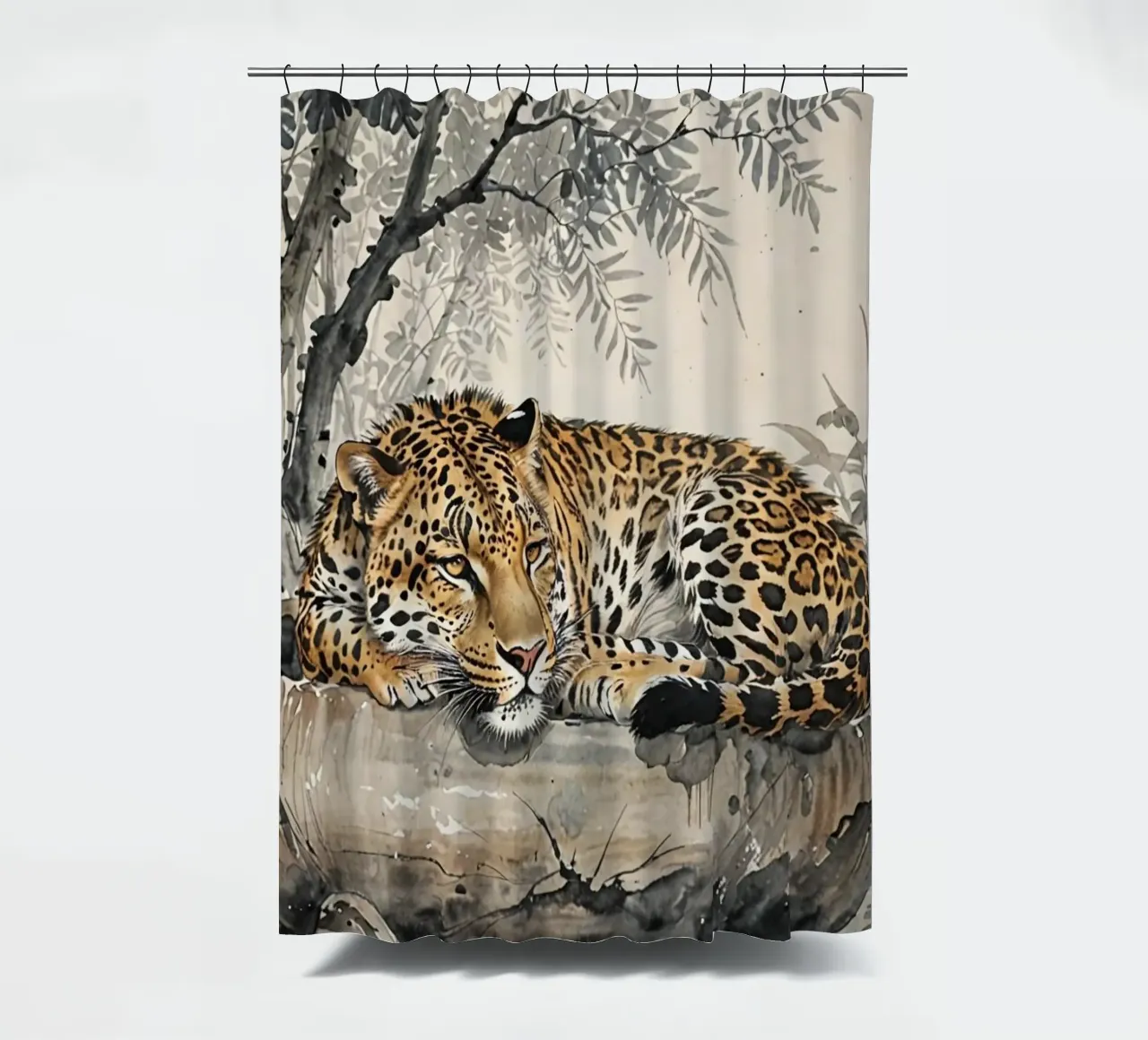 Leopard sleeping on branch log chinese ink watercolor tenda da doccia da heaventrain