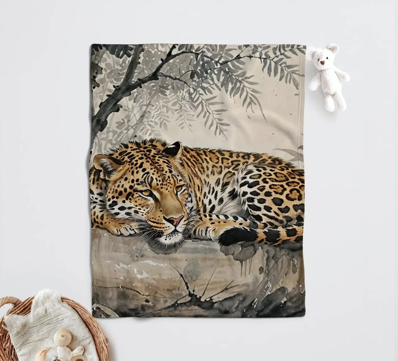 Leopard sleeping on branch log chinese ink watercolor coperta in pile da heaventrain