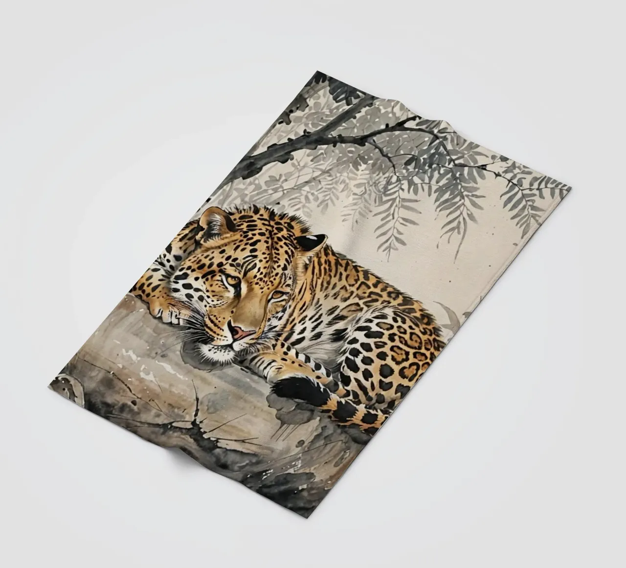 Leopard sleeping on branch log chinese ink watercolor coperta in pile da heaventrain