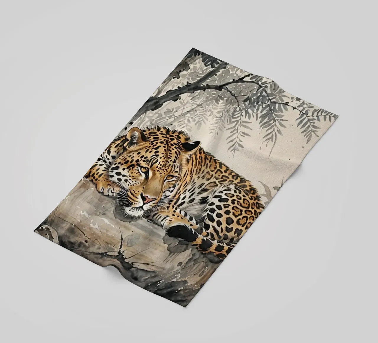 Leopard sleeping on branch log chinese ink watercolor telo mare da heaventrain