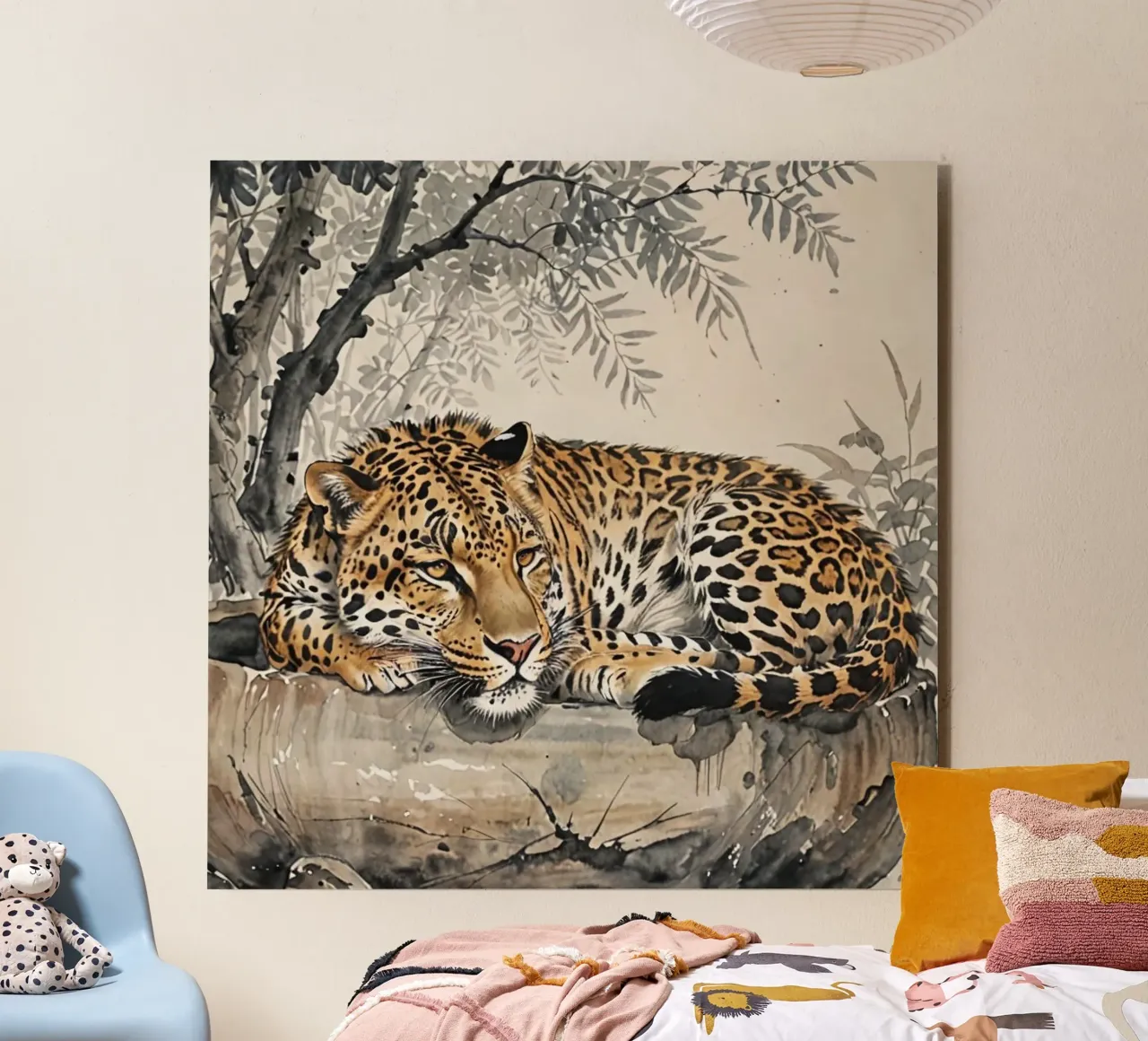 Leopard sleeping on branch log chinese ink watercolor alluminio dibond da heaventrain