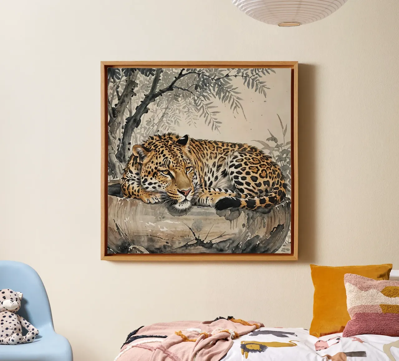 Leopard sleeping on branch log chinese ink watercolor tela da heaventrain