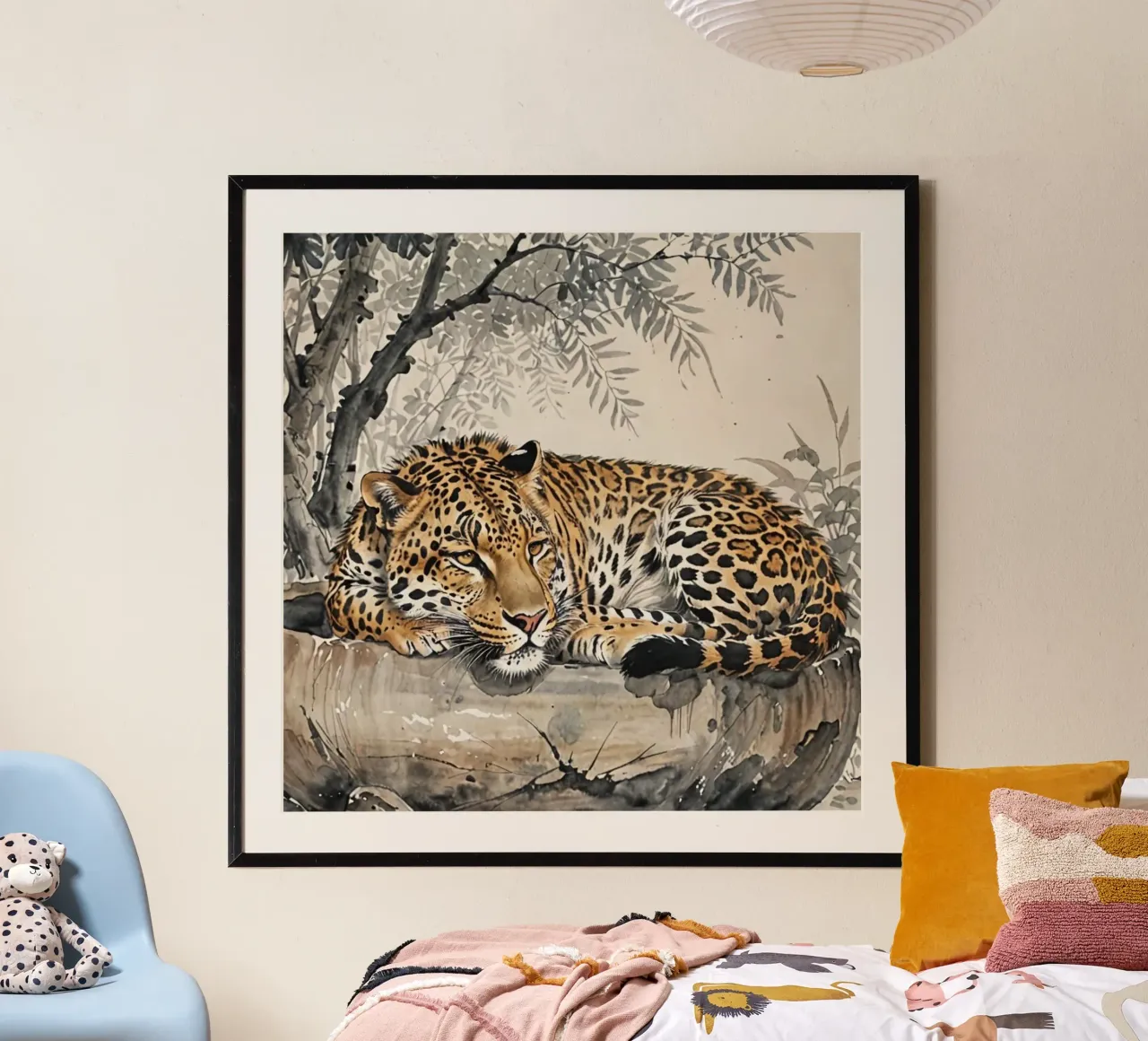 Leopard sleeping on branch log chinese ink watercolor carta hahnemühle da heaventrain