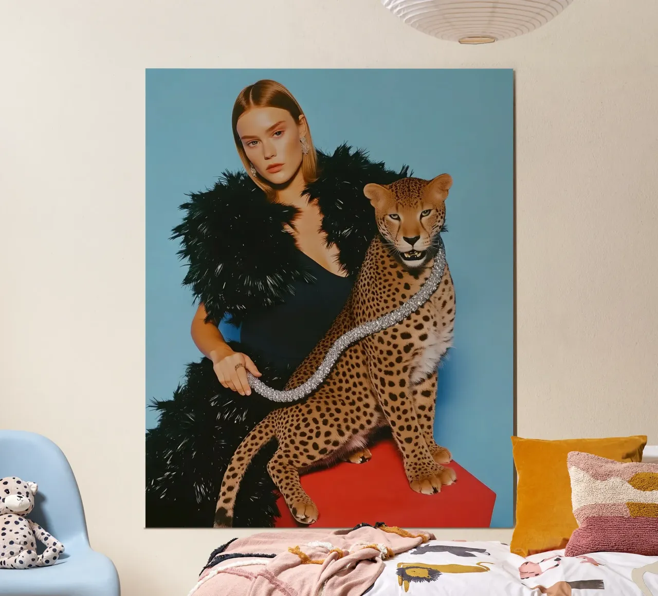 Retro lady in black dress with leopard photography poster con telaio in legno da heaventrain