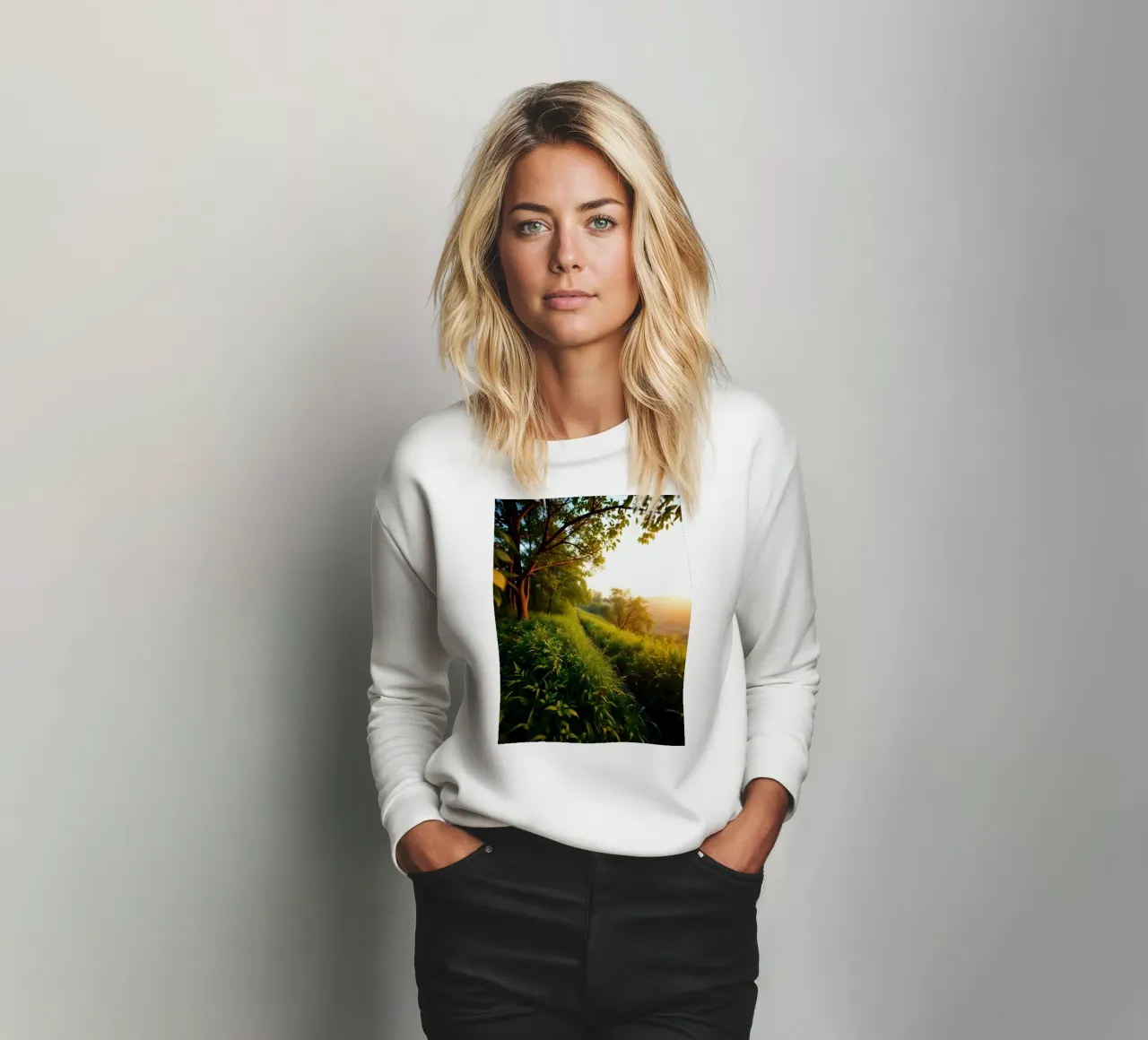 Sérénité d'une promenade au coucher du soleil à travers la verdure luxuriante le long d'un vent sweat de DesignDoodle