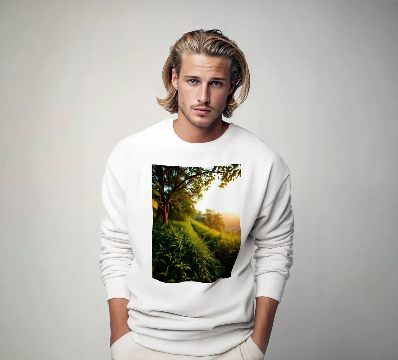 Sérénité d'une promenade au coucher du soleil à travers la verdure luxuriante le long d'un vent sweat de DesignDoodle