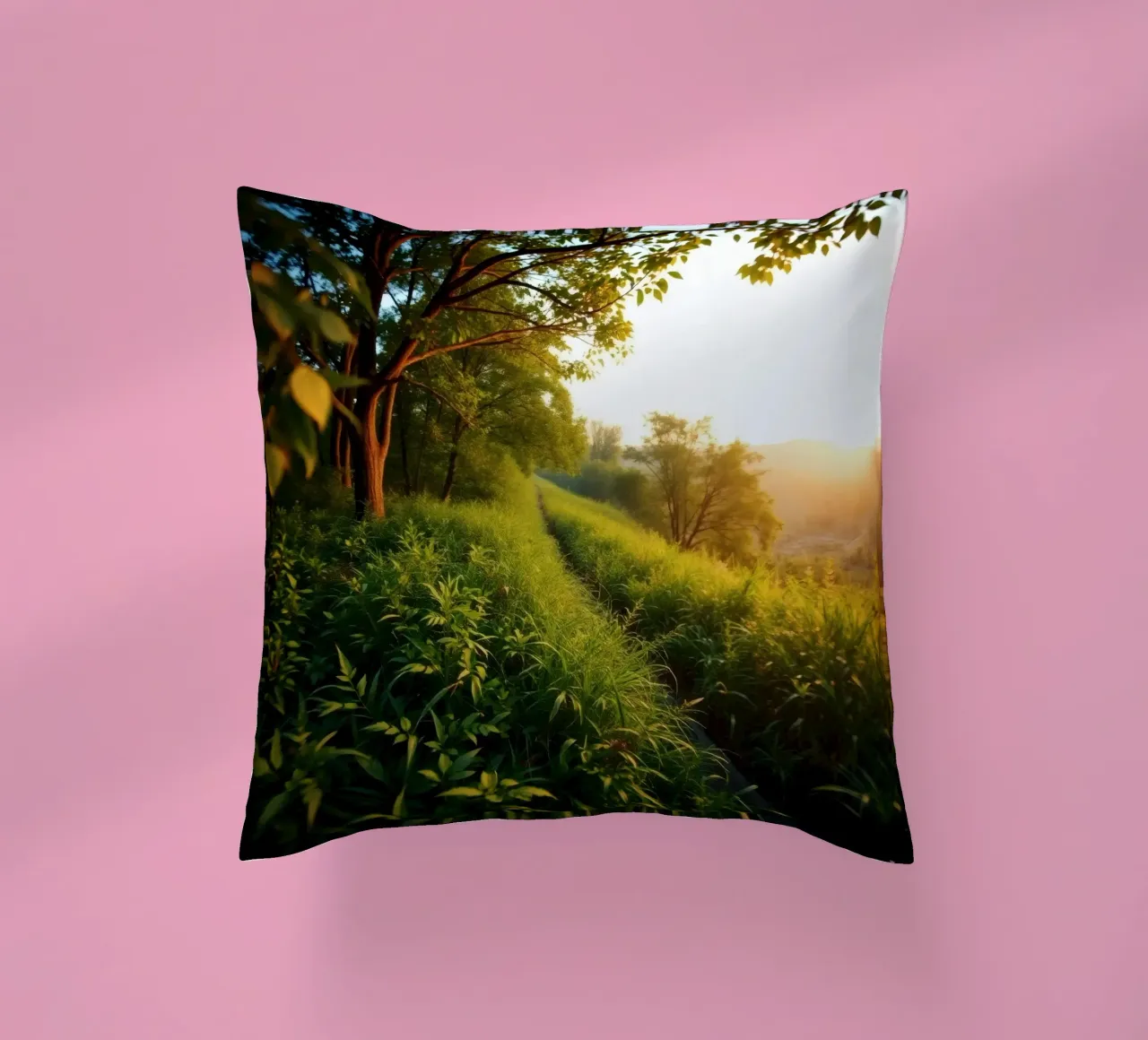 Serenity of a sunset walk through lush greenery along a wind decorative cushion by DesignDoodle