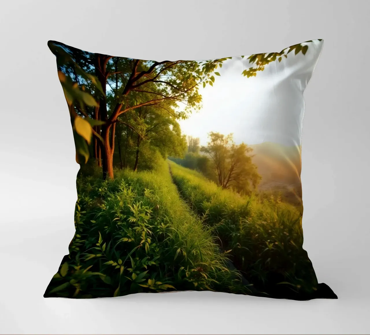 Serenity of a sunset walk through lush greenery along a wind decorative cushion by DesignDoodle