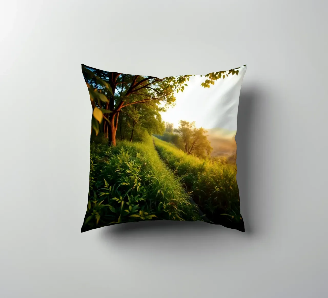 Serenity of a sunset walk through lush greenery along a wind decorative cushion by DesignDoodle