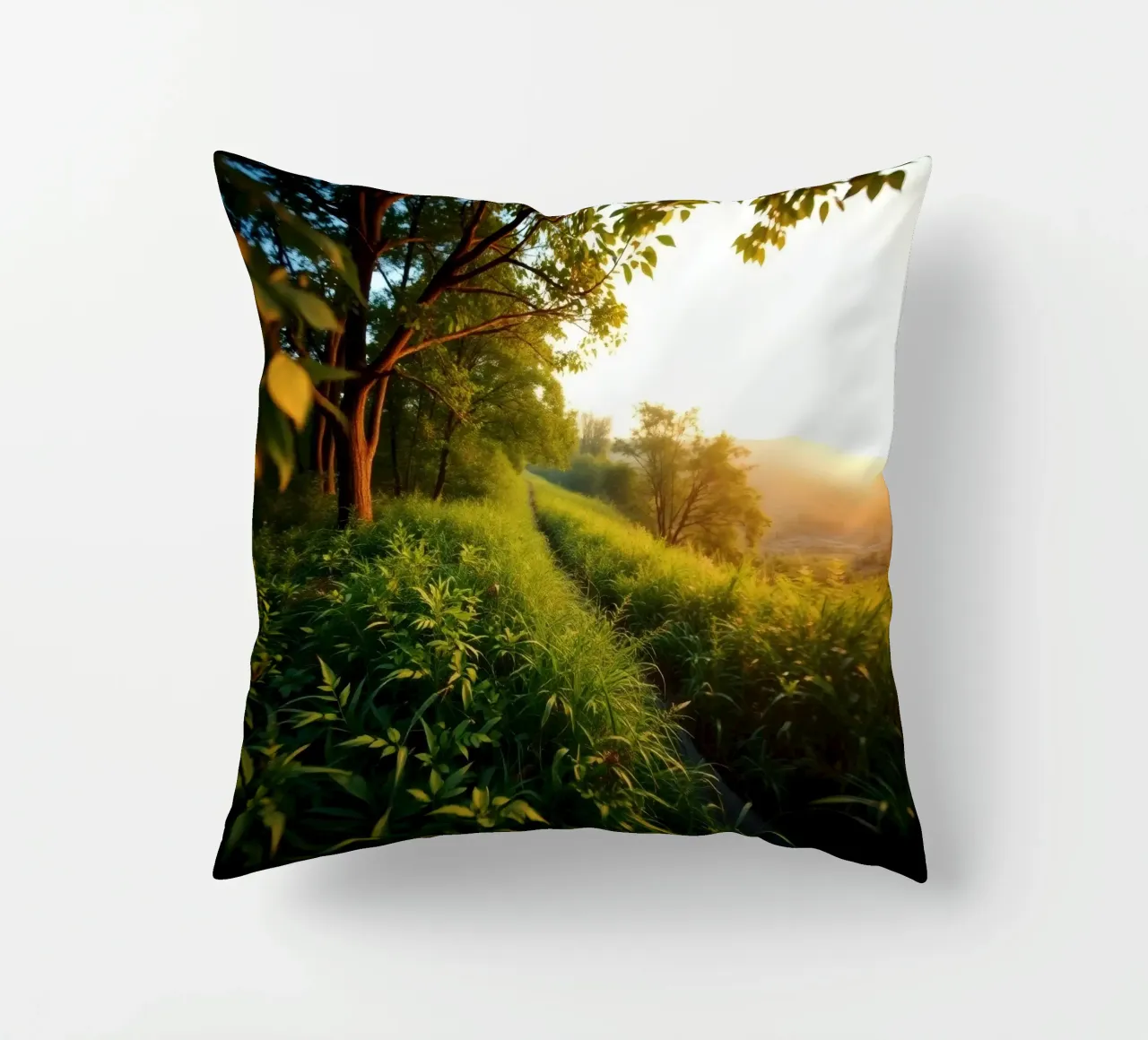 Serenity of a sunset walk through lush greenery along a wind decorative cushion by DesignDoodle
