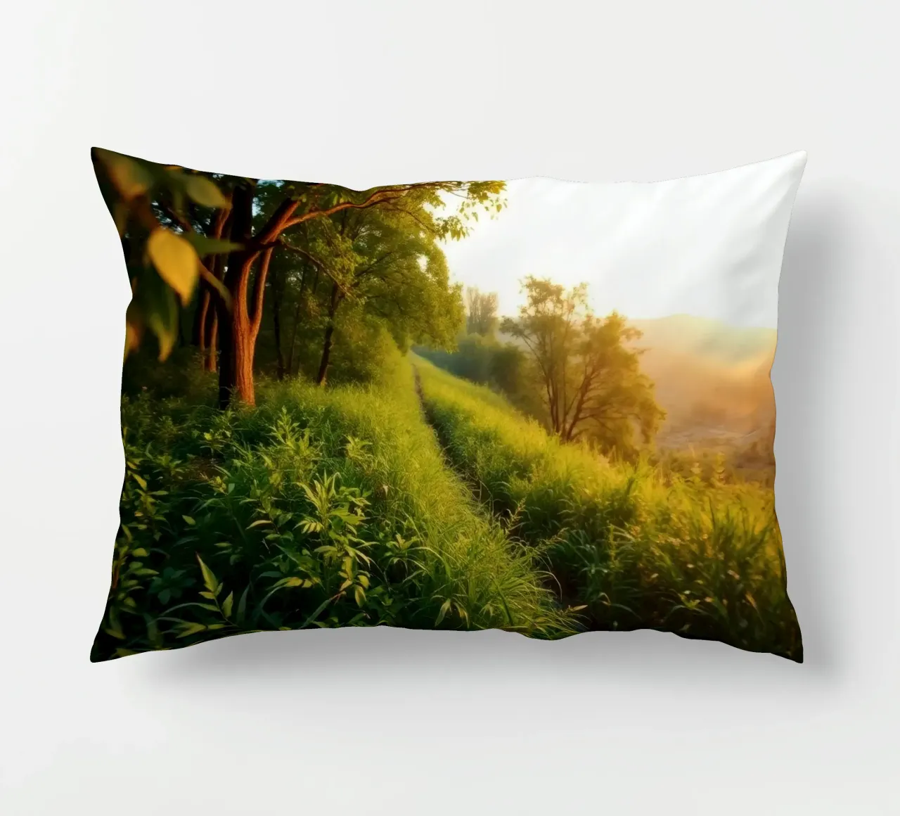 Serenity of a sunset walk through lush greenery along a wind decorative cushion by DesignDoodle