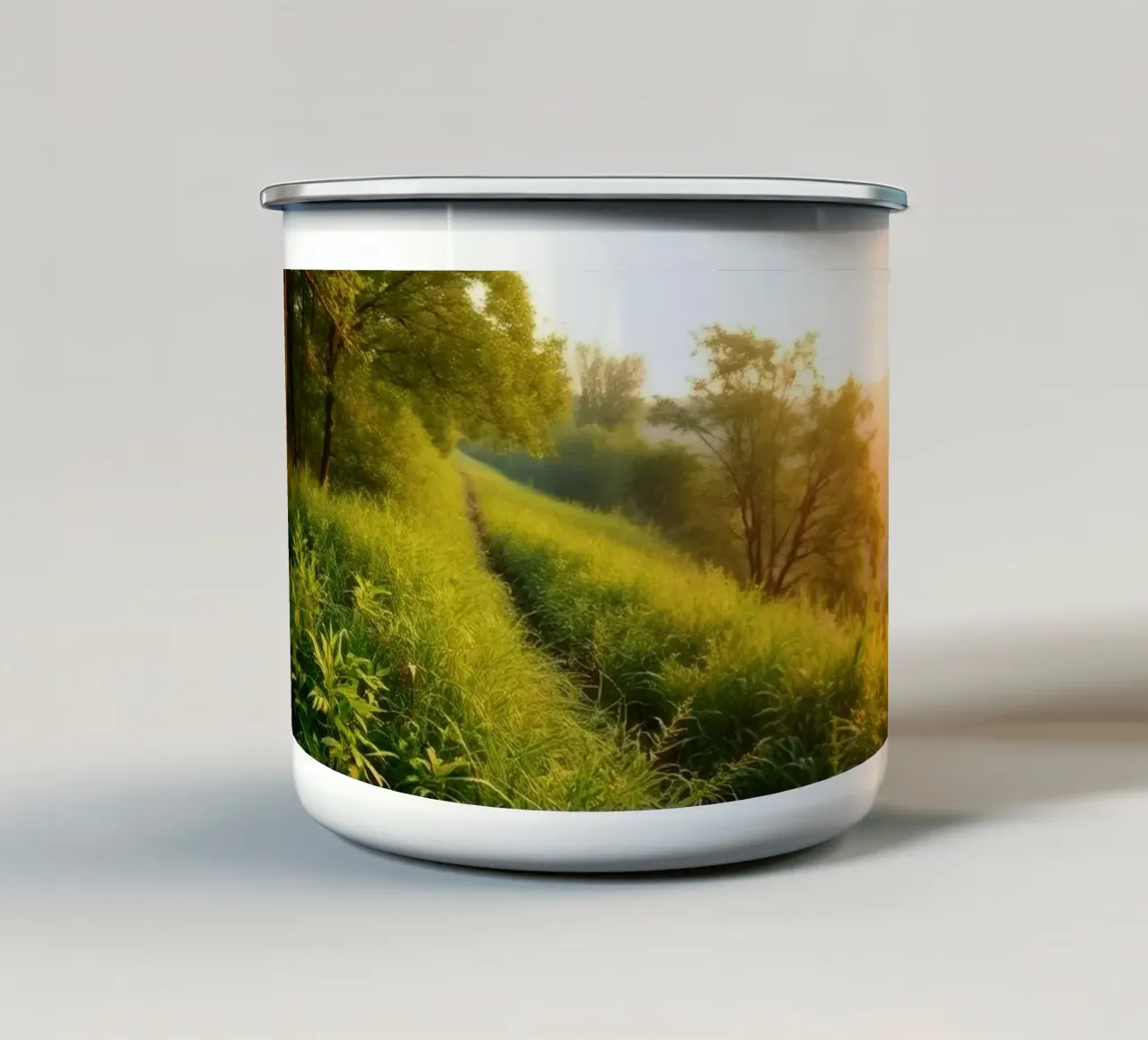 Sereniteit van een wandeling bij zonsondergang door weelderig groen langs een wind emaille mok van DesignDoodle