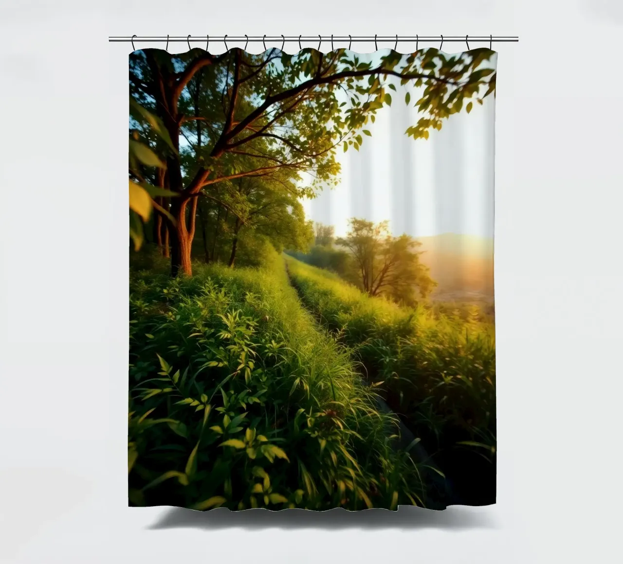 Serenity of a sunset walk through lush greenery along a wind shower curtain by DesignDoodle