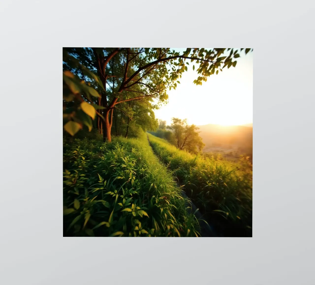 Sérénité d'une promenade au coucher du soleil à travers la verdure luxuriante le long d'un vent autocollant de DesignDoodle