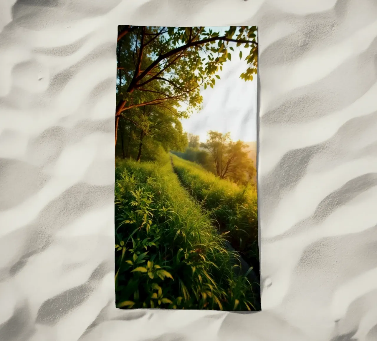 Serenity of a sunset walk through lush greenery along a wind beach towel by DesignDoodle