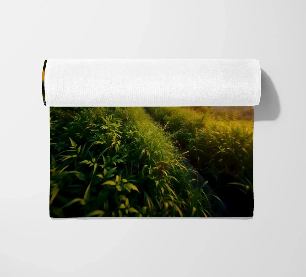 Serenity of a sunset walk through lush greenery along a wind beach towel by DesignDoodle