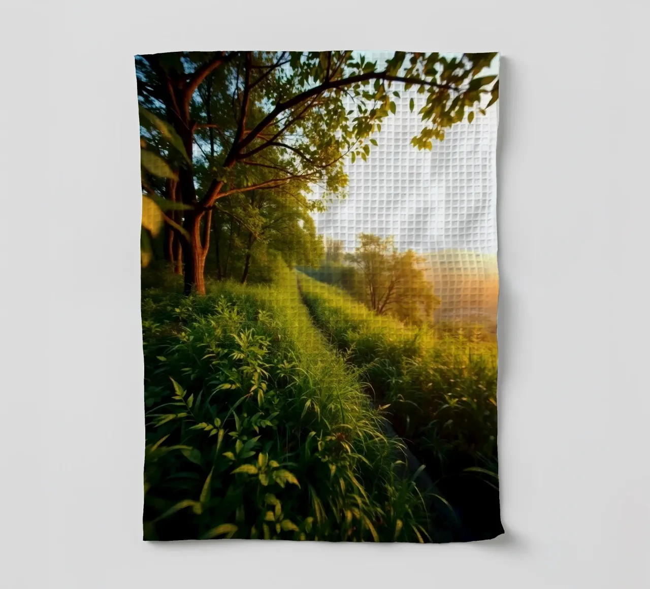 Sérénité d'une promenade au coucher du soleil à travers la verdure luxuriante le long d'un vent torchon de DesignDoodle