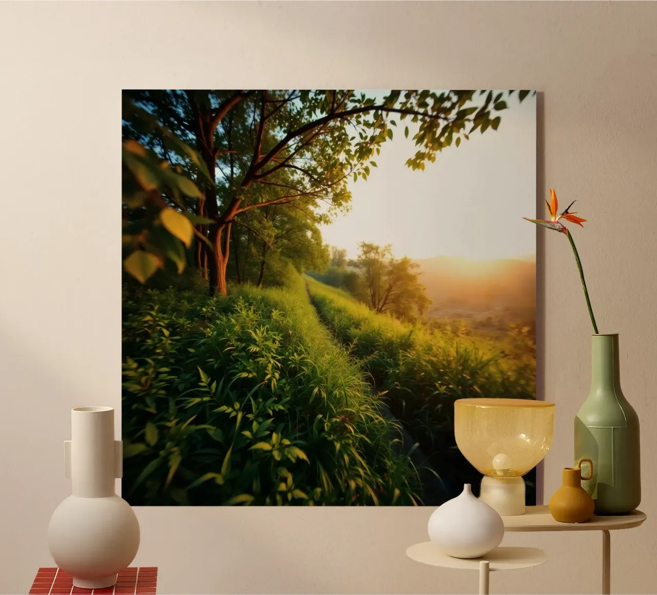 Serenity of a sunset walk through lush greenery along a wind acrylic glass by DesignDoodle