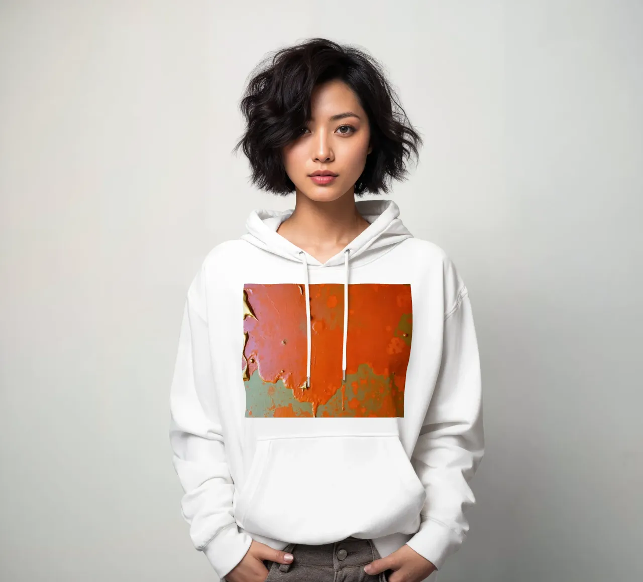 di vernice scrostata che rivela strati di colore su felpa con cappuccio da DesignDoodle