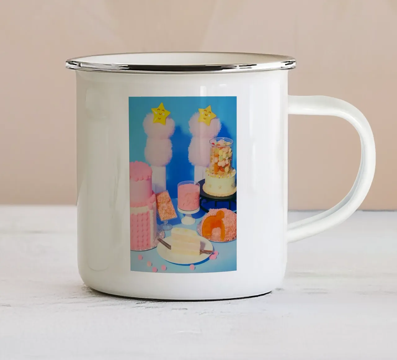 Retro desserts cake nostalgia 80s pastries jelly cream straw tazza in smalto da heaventrain