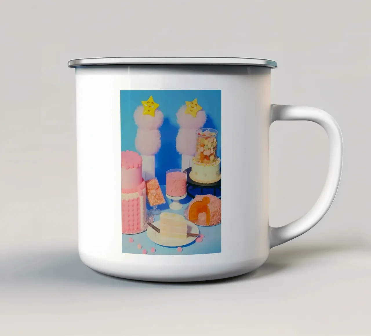 Retro desserts cake nostalgia 80s pastries jelly cream straw tazza in smalto da heaventrain