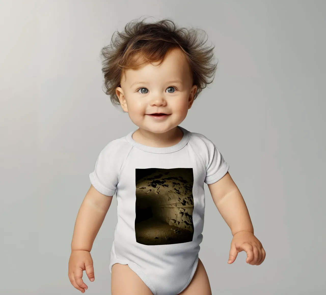 Un tunnel buio e misterioso con pareti rocciose illuminate body neonato maniche corte da DesignDoodle