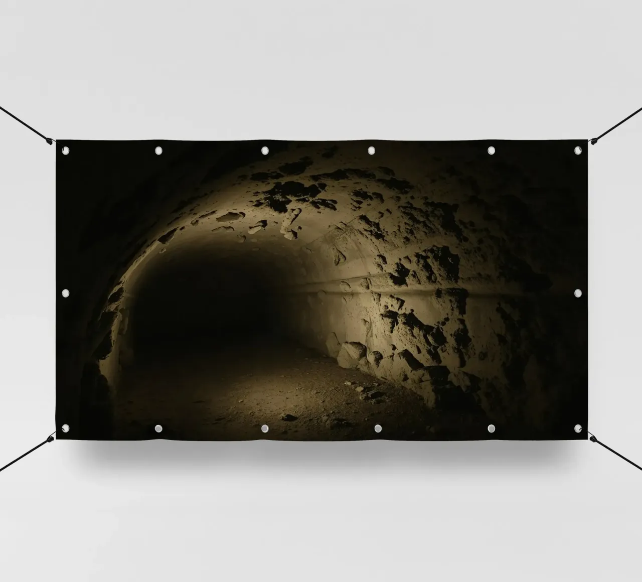 Un tunnel buio e misterioso con pareti rocciose illuminate telo in pvc da DesignDoodle