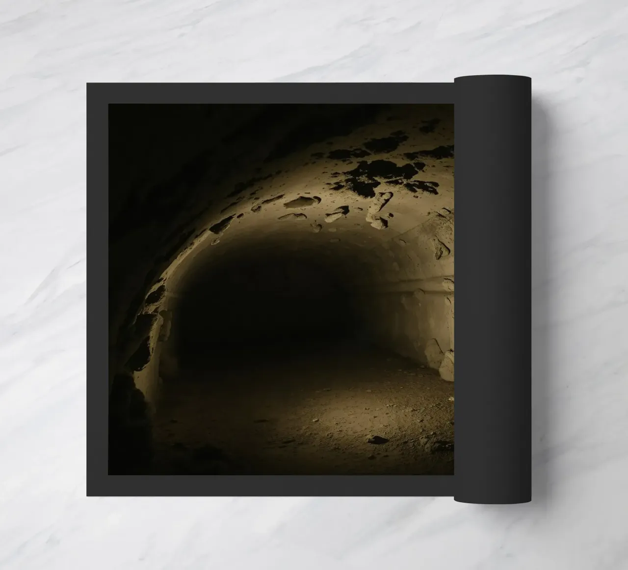 Un tunnel buio e misterioso con pareti rocciose illuminate zerbino da DesignDoodle