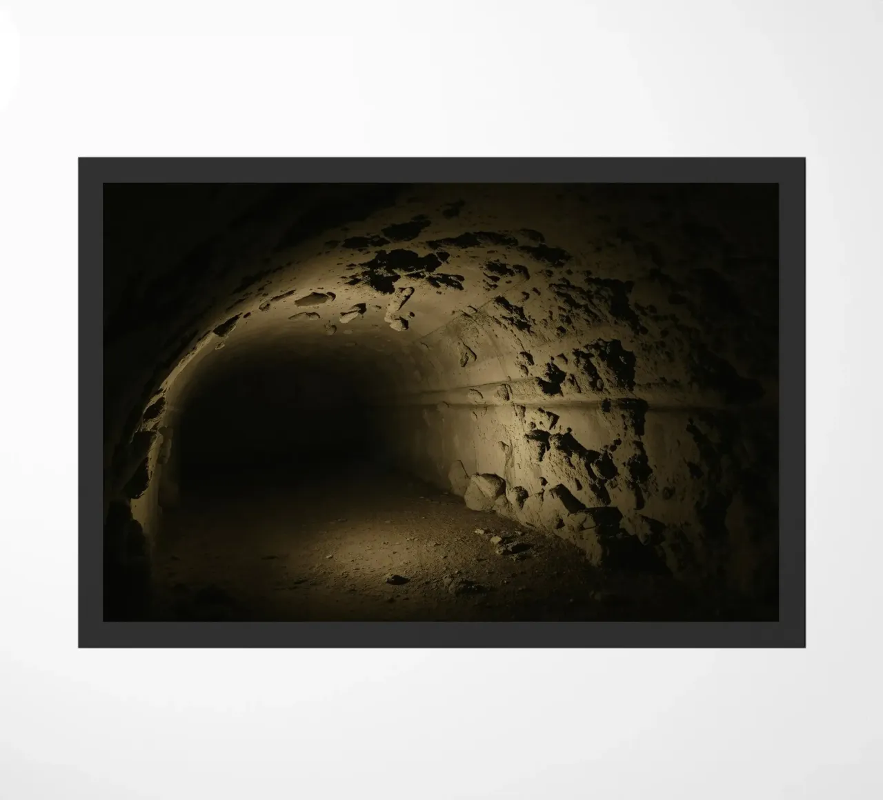 Un tunnel buio e misterioso con pareti rocciose illuminate zerbino da DesignDoodle