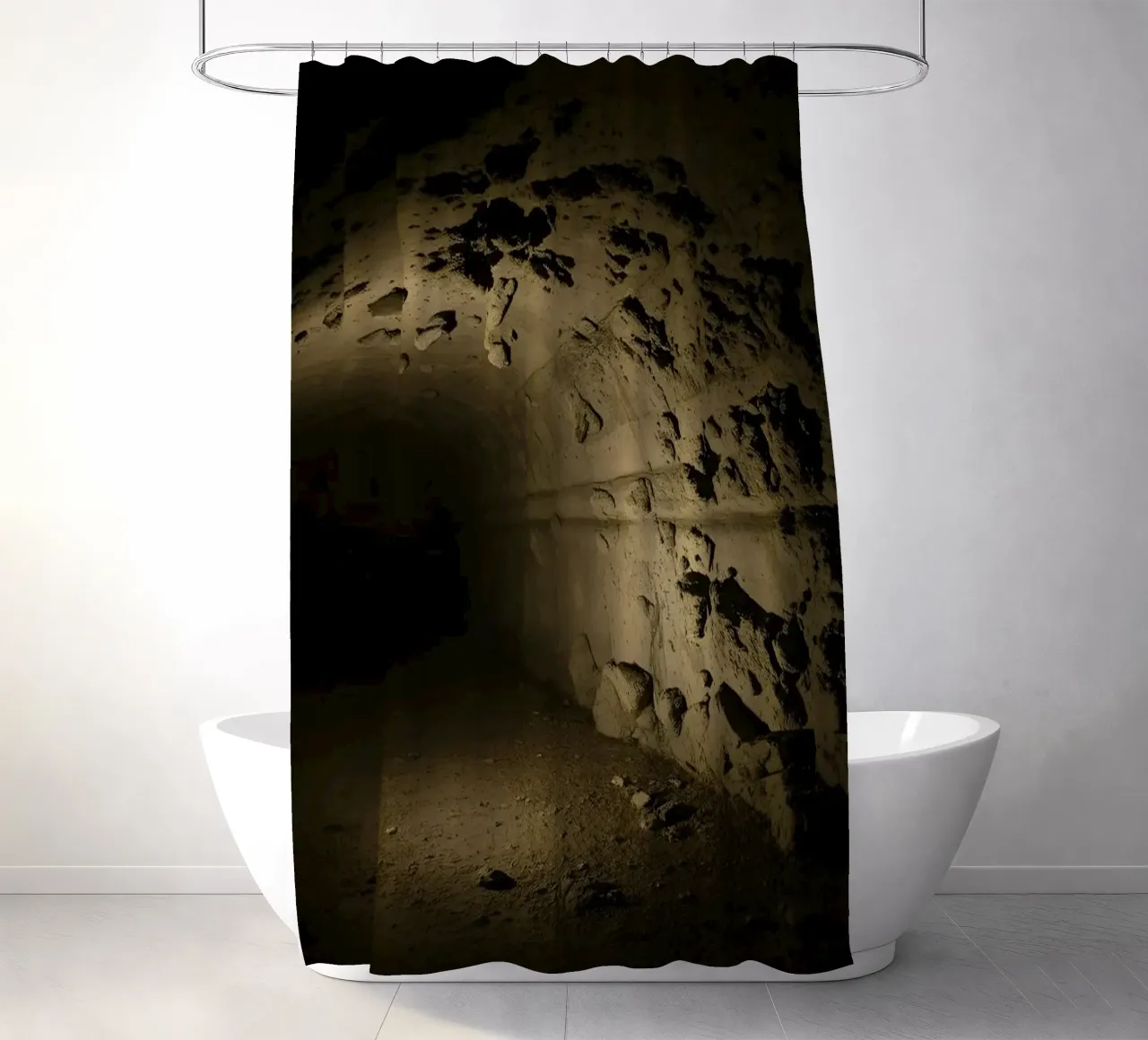 A dark, mysterious tunnel with rocky walls illuminated shower curtain by DesignDoodle