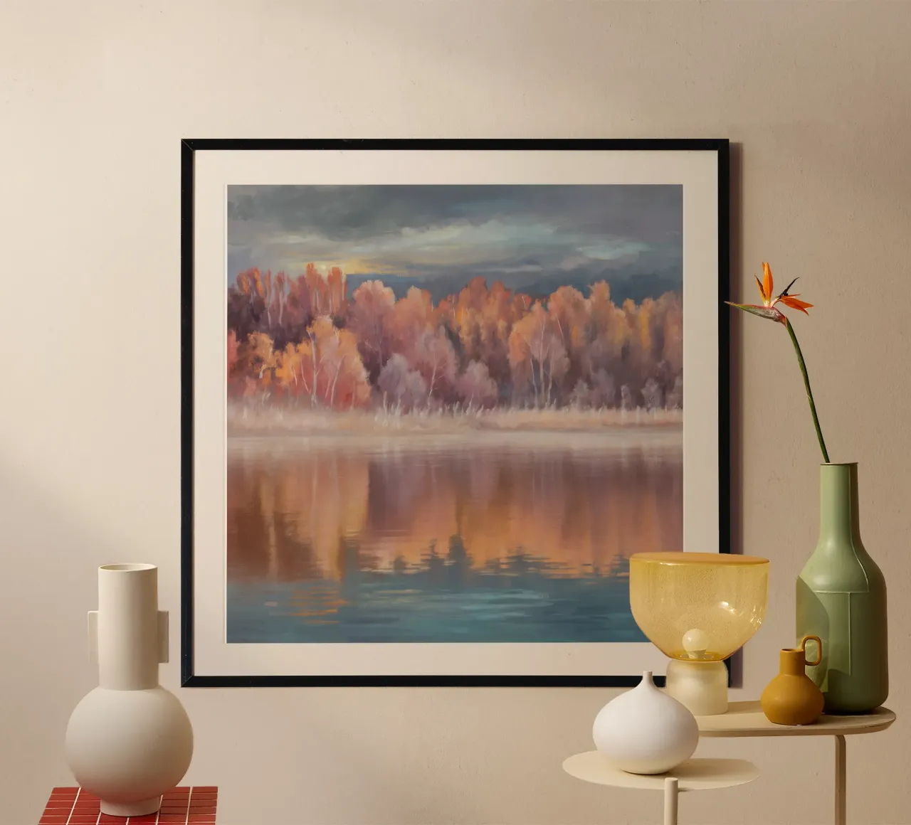 Specchio della foresta cremisi poster con telaio in legno da Solestice Strokes